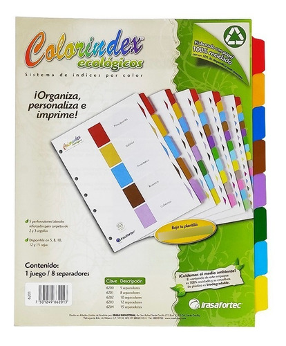 Separador Para Carpeta Colorindex 6201 Del 1 Al 8 Sin Numero