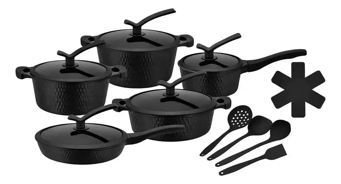 Kit Panelas Luxo Premium 17 Peças Estilo Gourmet Jogo Panela Preta Carvao