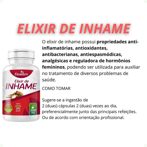 Elixir De Inhame Dor Muscular 500mg 100cáps Denature 5 Potes Sem Sabor