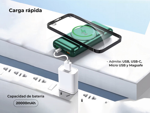 Power Bank Carrello Xc-73 Magsafe Usb Micro Usb-c 20000mah Color Negro