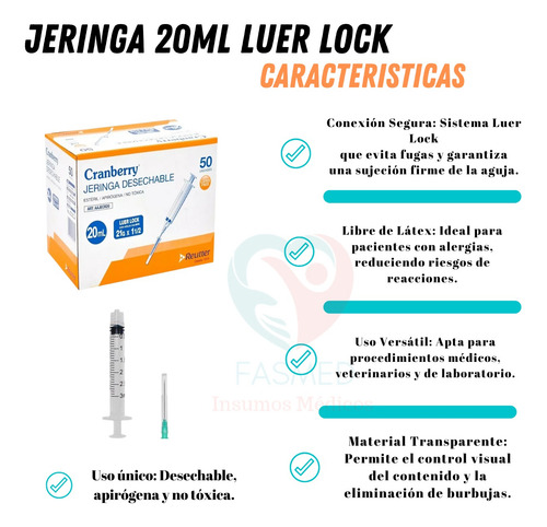 Jeringa Desechable 20ml Cranberry 50 Unid Luer Lock