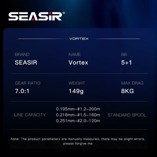 Lançamento 2025 Carretilha Seasir Vortex 7.0:1 Drag 8kg 149g Azul-escuro Esquerdo