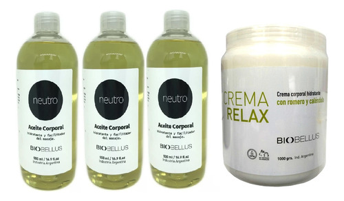 3 Aceite Neutro 500ml + Crema Musculares 1kg - Biobellus 