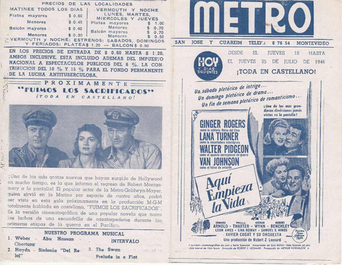 1946 Programa Cine Metro Lana Turner Weekend At The Waldorf