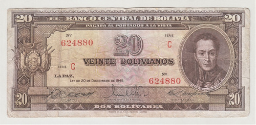 Billete Bolivia 20 Bolivianos 1945 Córdova Saravia Hinojosa