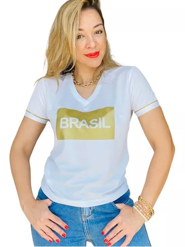 Camiseta Brasil Branca Decote V Dourada Manga Curta