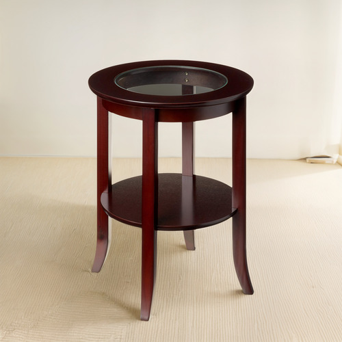 Mesa Auxiliar Redonda De Madera Café Expreso Con Vidrio