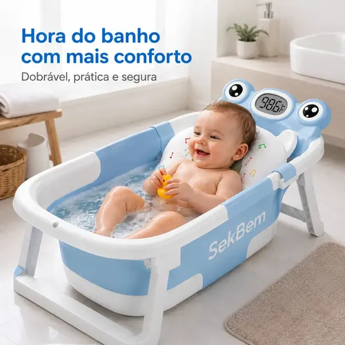 Banheira de bebê dobrável com termômetro e almofada de banho azul