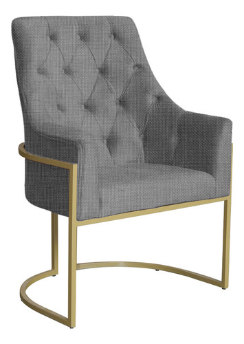 Poltrona Decorativa Vick Base Dourada Linho Cinza