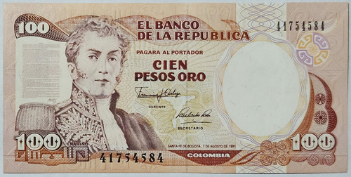 Billete 100 Pesos 07/ago/1991 Colombia Au