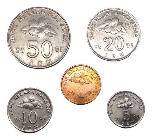 Monedas De Malasia De 50 A 1 Sen Nuevos 5 Piezas Años 2000