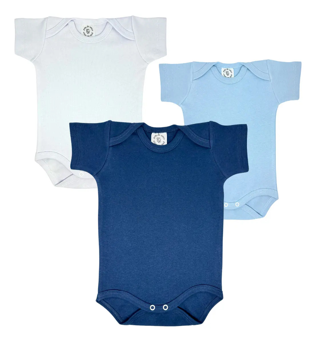 Kit 3 Bodys Bebê Liso Manga Curta 100% Algodão Menina Menino Cor Azul-Marinho Azul-claro e branco Tamanho M