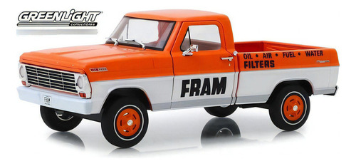 Miniatura Picape Ford F-100 1967 Fram 1:24 Greenlight Cor Laranja C/ Branco