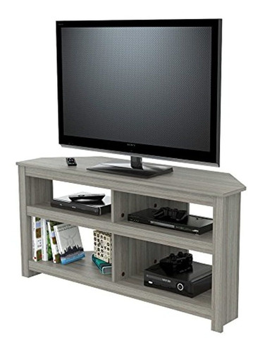 Mueble Para Tv Esquinero Con Estantes De Madera Color Gris.