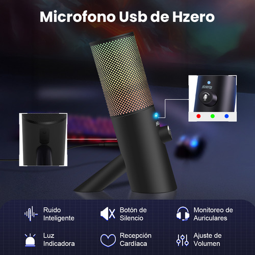 Microfono Usb Condensador Negro Con Botón De Silencio Ajuste De Volumen Modo De Reducción De Ruido Rgb Patrón Cardioide 192khz 24bit Para Podcast Gamer Grabación De Música Pc Ps4 Ps5 Hzero