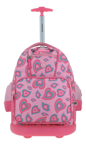 Mochila Grande Escolar Baston Con Ruedas Luz Led Chenson Happy Girl Shiru Color Rosa Chicle Diseño De La Tela Liso