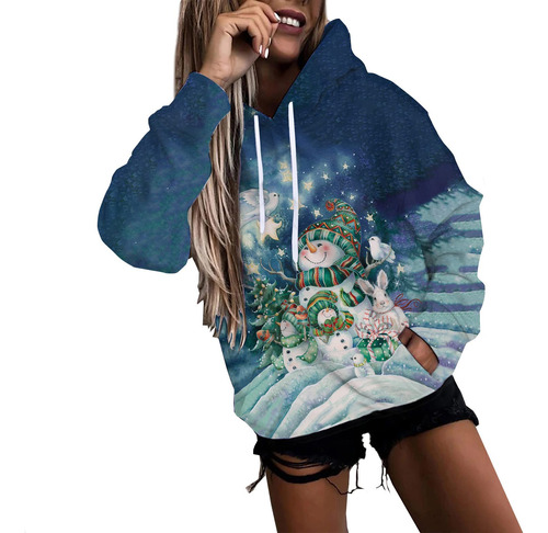 Linda Sudadera Capucha Arbol Navidad Para Mujer Manga Larga