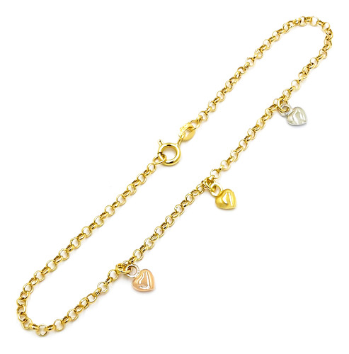 Pulseira Portuguesa Em Ouro 18k Corações Amarelo Branco Rosé