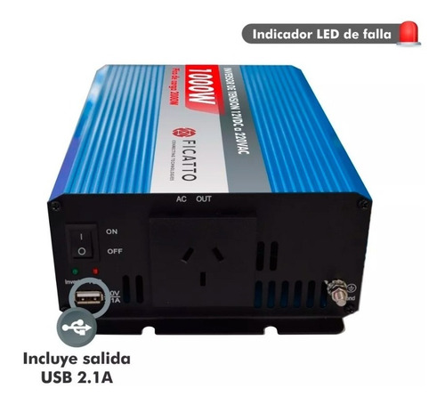 Imagen 4 de 5 de Inversor De Corriente 12v A 220v 1000w Ficatto Auto Barco