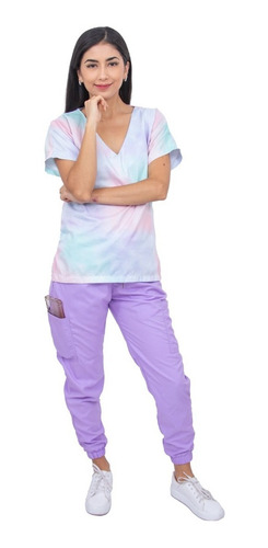 Pijama Quirúrgica Jogger Antifluidos Dama Scrubs Cupatitzio Acuarela Arcoiris Liso M