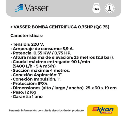 Imagen 2 de 7 de Bomba Centrífuga Vasser 0.75 Hp 90 L/m