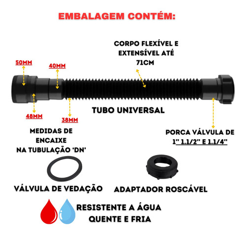Sifão Sanfonado Universal Preto 5un Sifão Lavatório 71cm Prt