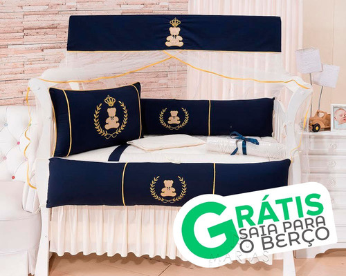 Kit Protetor Berço Americano Menino Azul Marinho Urso 10 Pc