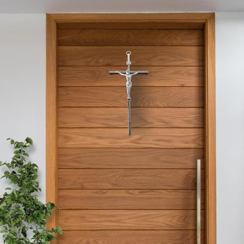 Crucifixo Parede Moderno Cruz Metal Prata Alto Brilho 30cm