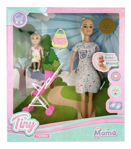 Muñeca Tiny Fantasy Mamá Con Niña Y Bebé Con Accesorios 
