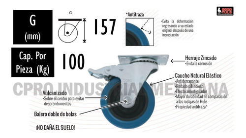 Rodaja Goma Elástica Azul Giratoria Placa Con Freno De 5''