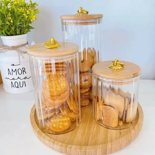 Potes Hermético De Vidro Cristal Luxo Ambar Canelado Kit Canelado Transp Argola Pmg