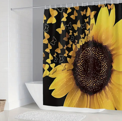 Cortina Baño Juego 4 Piezas Set Alfombras Ducha Inodoro Negro Girasoles