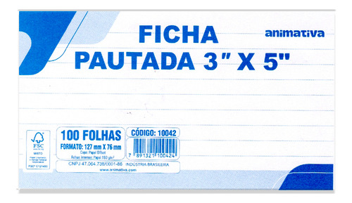 Ficha Pautada 3x5 Bloco Com 100 Folhas - 10 Unidades