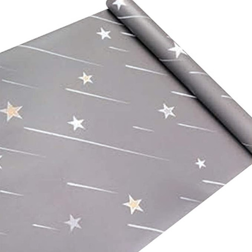 Papel Tapiz Adherible Gris Liso Estrellas 10m X 45cm Tp94