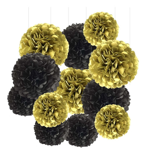 Pompon Papel Seda Negro Dorado Colgante Bola Flor Decoracion