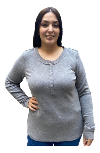 Remera Blusa Mujer Amplia Escote Botones Texturada Importada