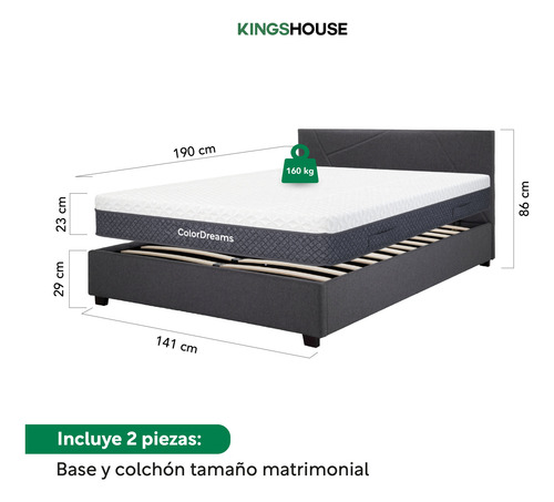Base Cama Abatible Madera + Colchón Premium Matrimonial