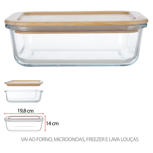 Pote Hermetico Vidro Boro 1000ml Tampa De Bambu Retangular