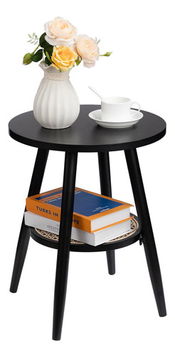Lusuowlz 2 Tire Round Side Table, Wooden Hollow Design End .