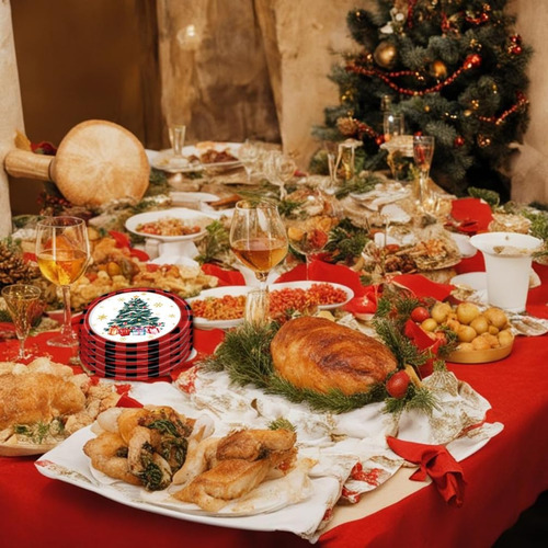 Platos Desechables A Cuadros De Navidad, 18 Cm, 25 Unidades