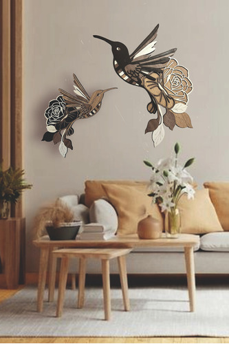 Cuadro Colibri Y Flor Set X 2 En Madera 3d Grande Y Chico