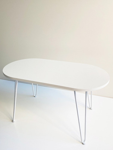 Mesa Ratona Ovalada Mdf Blanca Patas Hierro Hairpin 