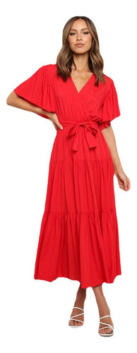 Vestido De Playa A Media Pierna De Verano Para Mujer, Cuello