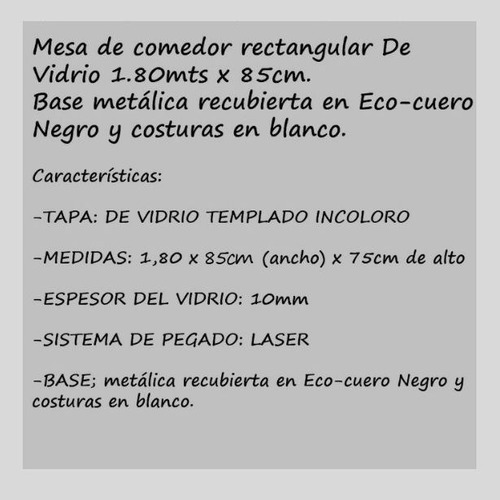 Mesa De Vidrio Rectangular 1.80m X 85cm Bae Ecocuero Negro