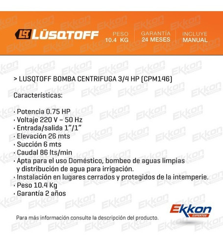 Imagen 2 de 8 de Bomba Centrífuga 3/4 Hp Lusqtoff Cpm146 Elevadora