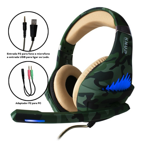 Fone De Ouvido Headset Gamer Knup KP-GA01 Cor Verde Compativel Pc Xbox One Ps4 Led + Adaptador Cabo Nylon Trançado Cor Da Luz Azul