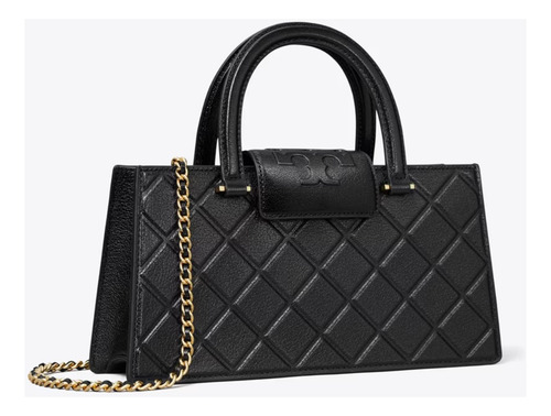 Bolsa Tory Burch 100% Original Tote Fleming East West 164763 Negro Rayas Oro Negro (Usado)