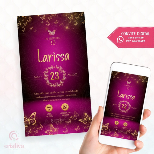 Convite Digital Adulto Feminino Rosa Dourado Borboletas