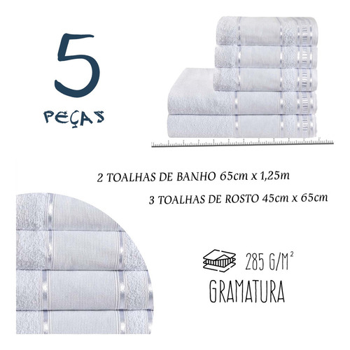 Jogo De Toalha 5 Peças 100% Algodão 3 Rosto 2 Banho Premium Cor Branco