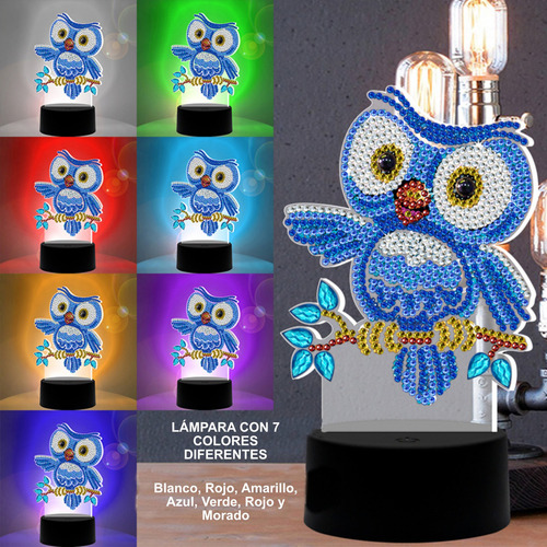 Lampara Noche Buro Led Acrilico Pintura Diamantes Unicornio Estructura Búho